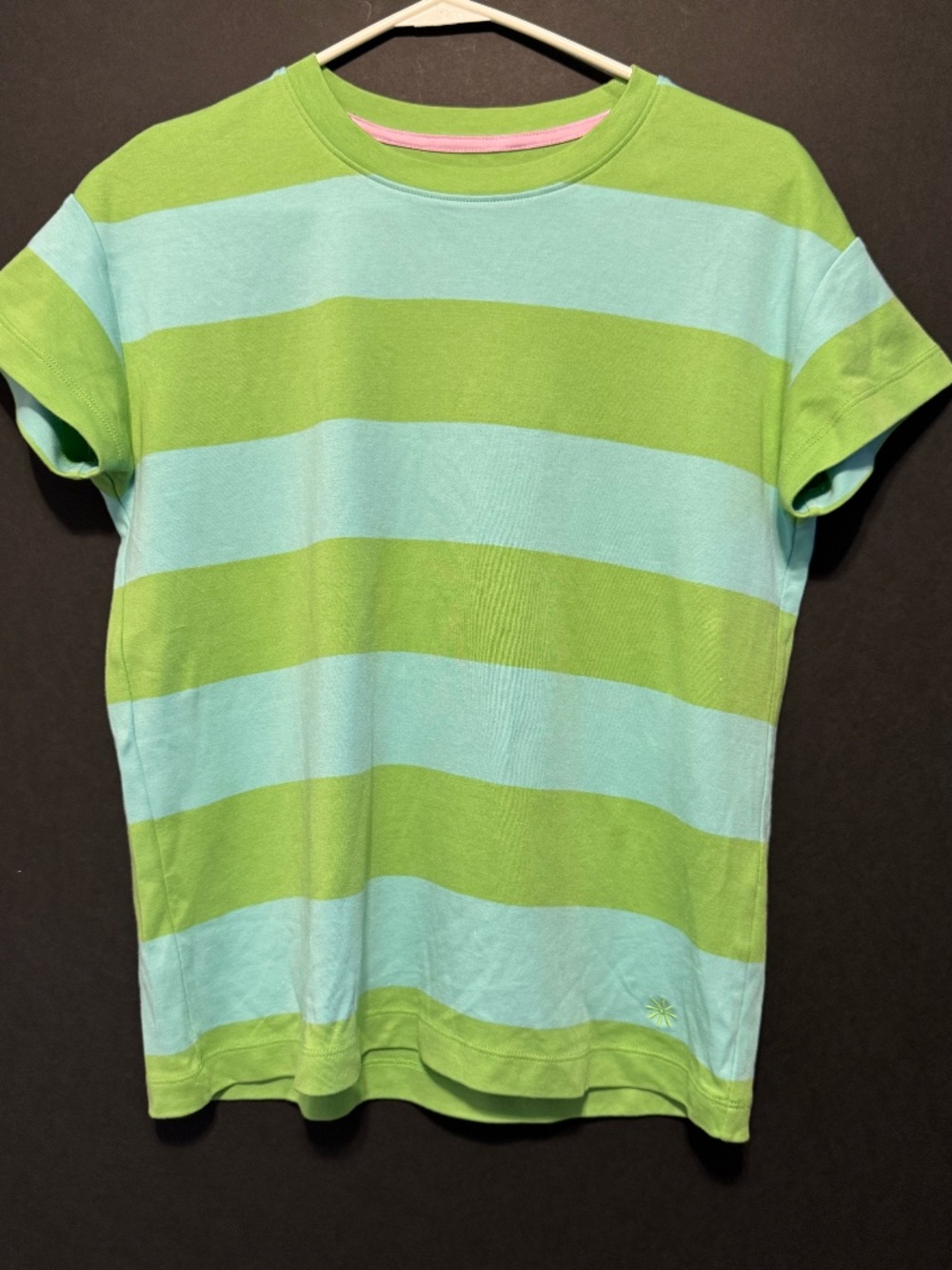 Isaac Mizrahi Live! Essentials Lime Aqua Striped Crewneck Tee Shirt